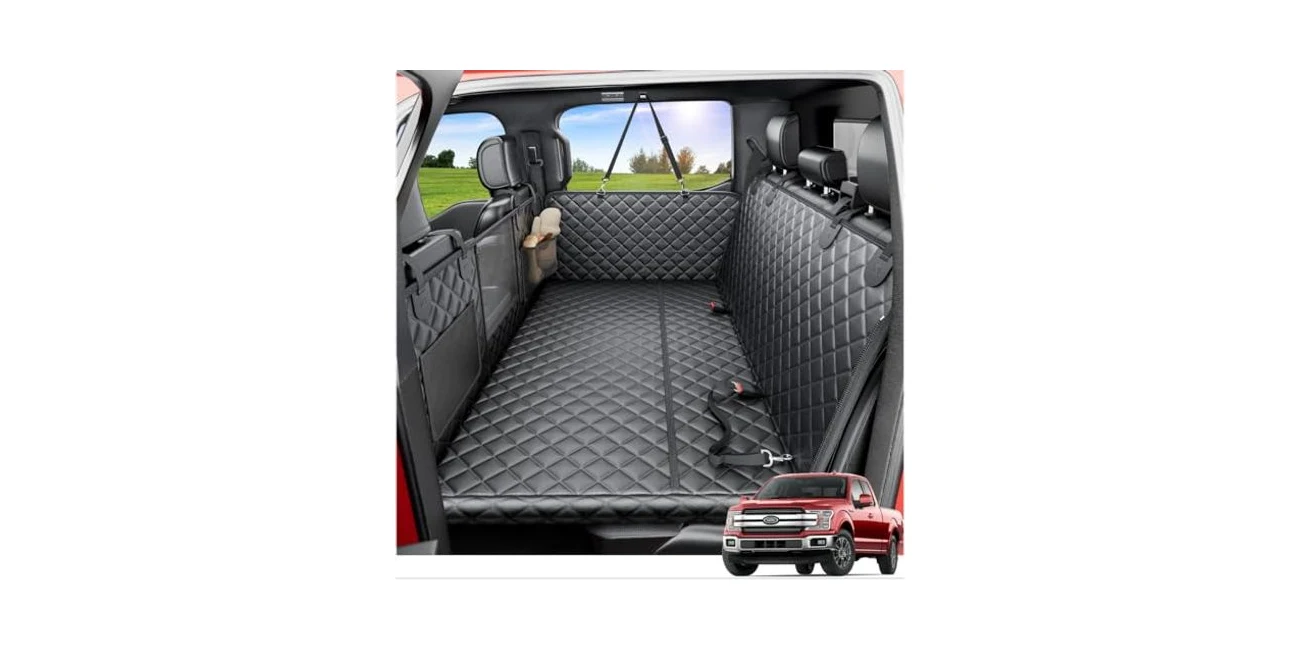 Featured product: REEVAA dog truck seat cover fitted to a pickup back seat (Amazon listing image)